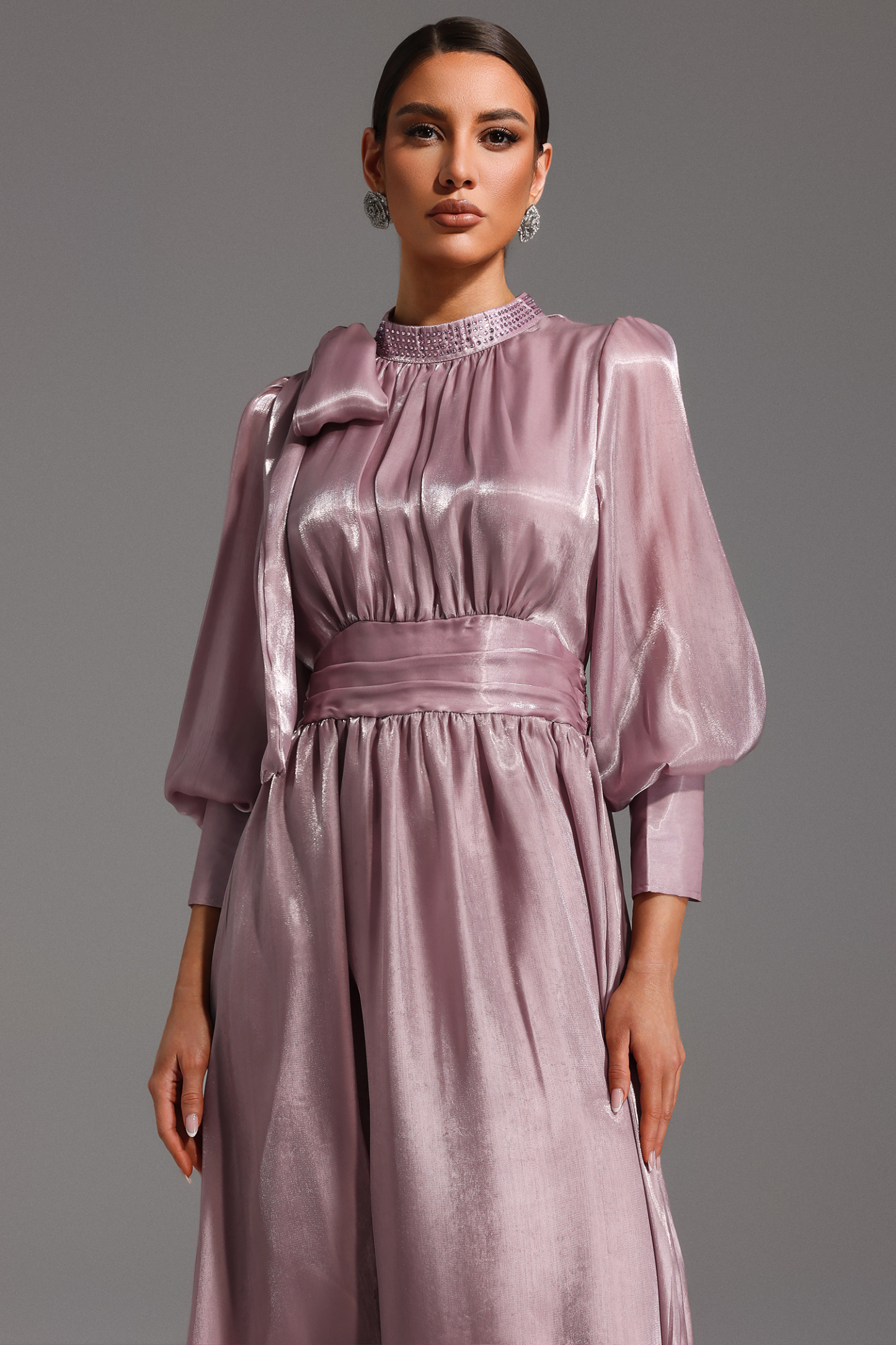 Jenny Long Sleeve Lacing Bow Diamond Maxi Dress