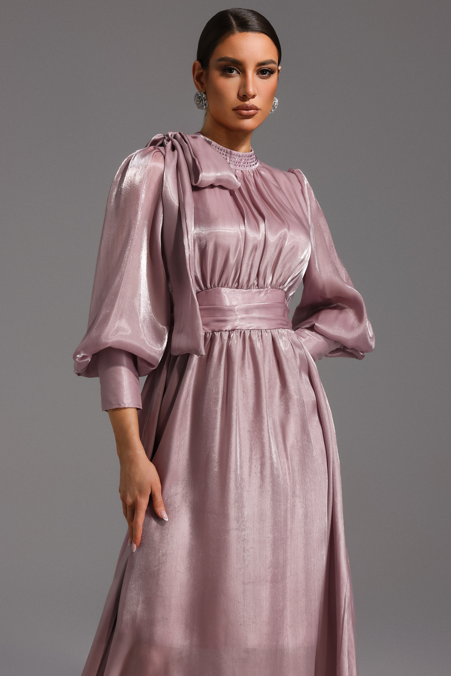 Jenny Long Sleeve Lacing Bow Diamond Maxi Dress