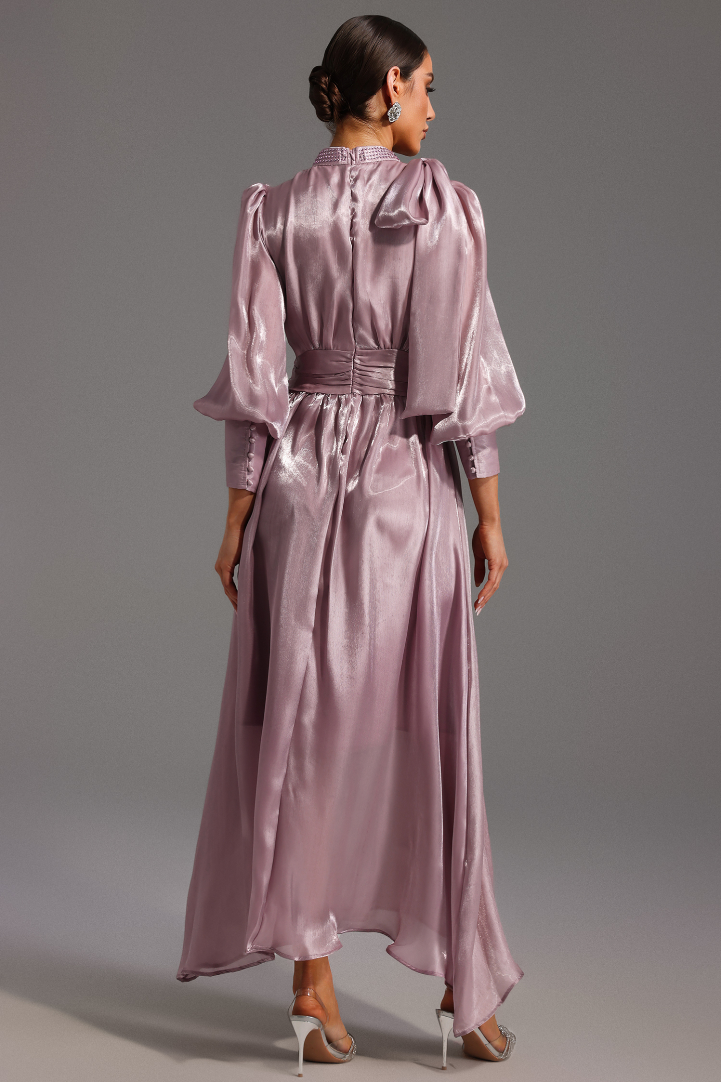 Jenny Long Sleeve Lacing Bow Diamond Maxi Dress