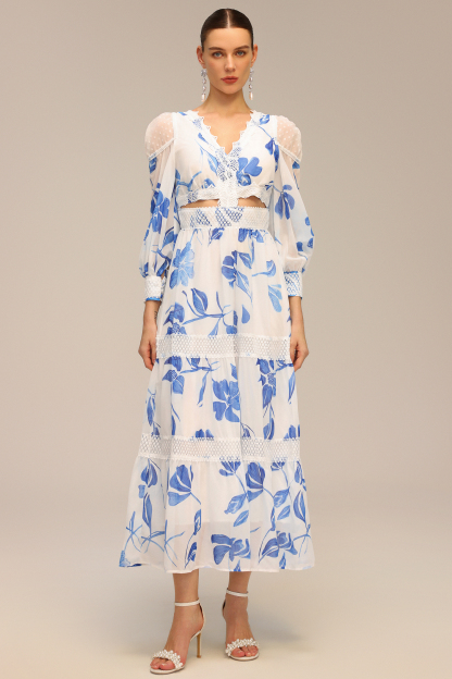Mitra Long Sleeve Floral Printed Hollow Out Maxi Dress