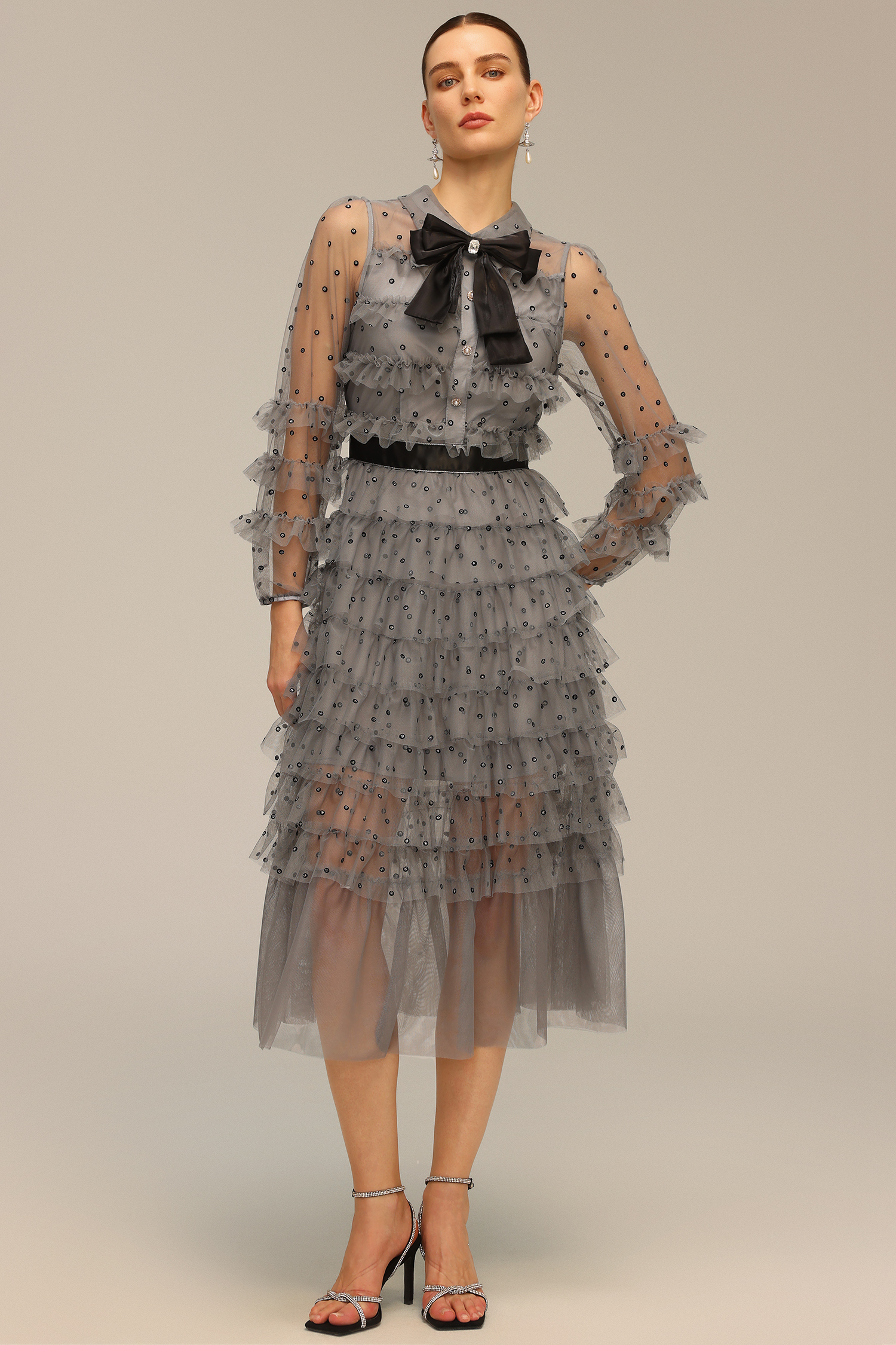 Tana Long Sleeve Bow Flounce Diamond Maxi Dress