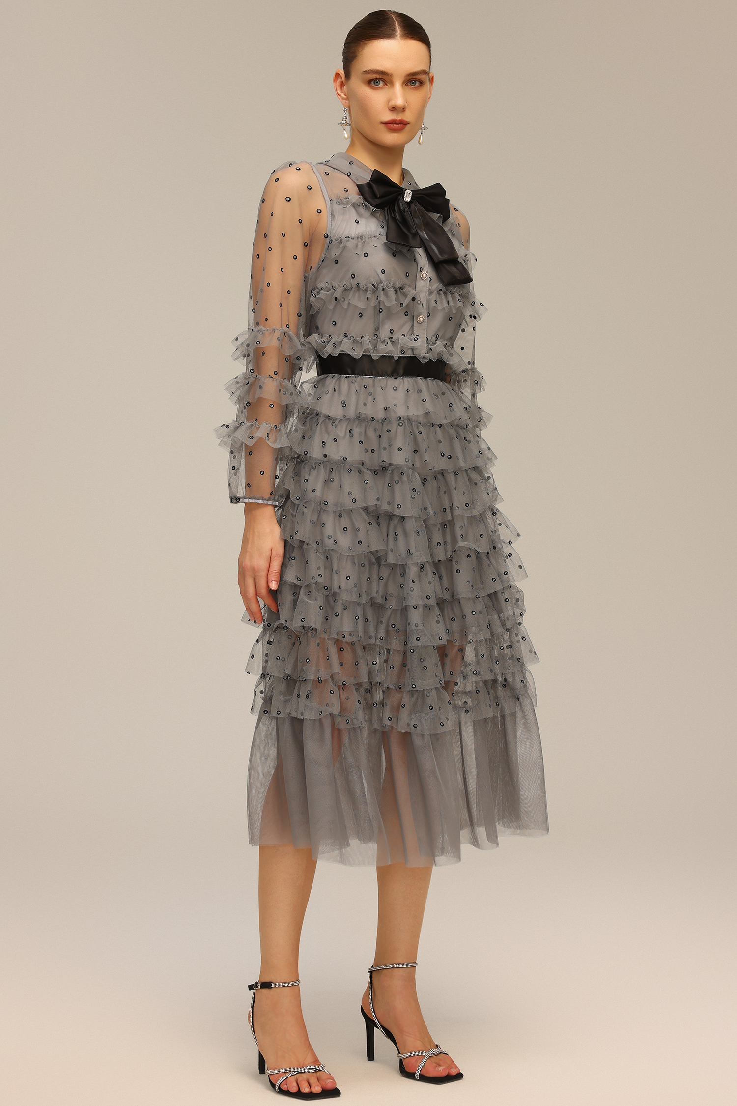 Tana Long Sleeve Bow Flounce Diamond Maxi Dress