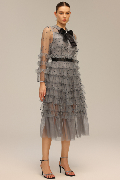 Tana Long Sleeve Bow Flounce Diamond Maxi Dress