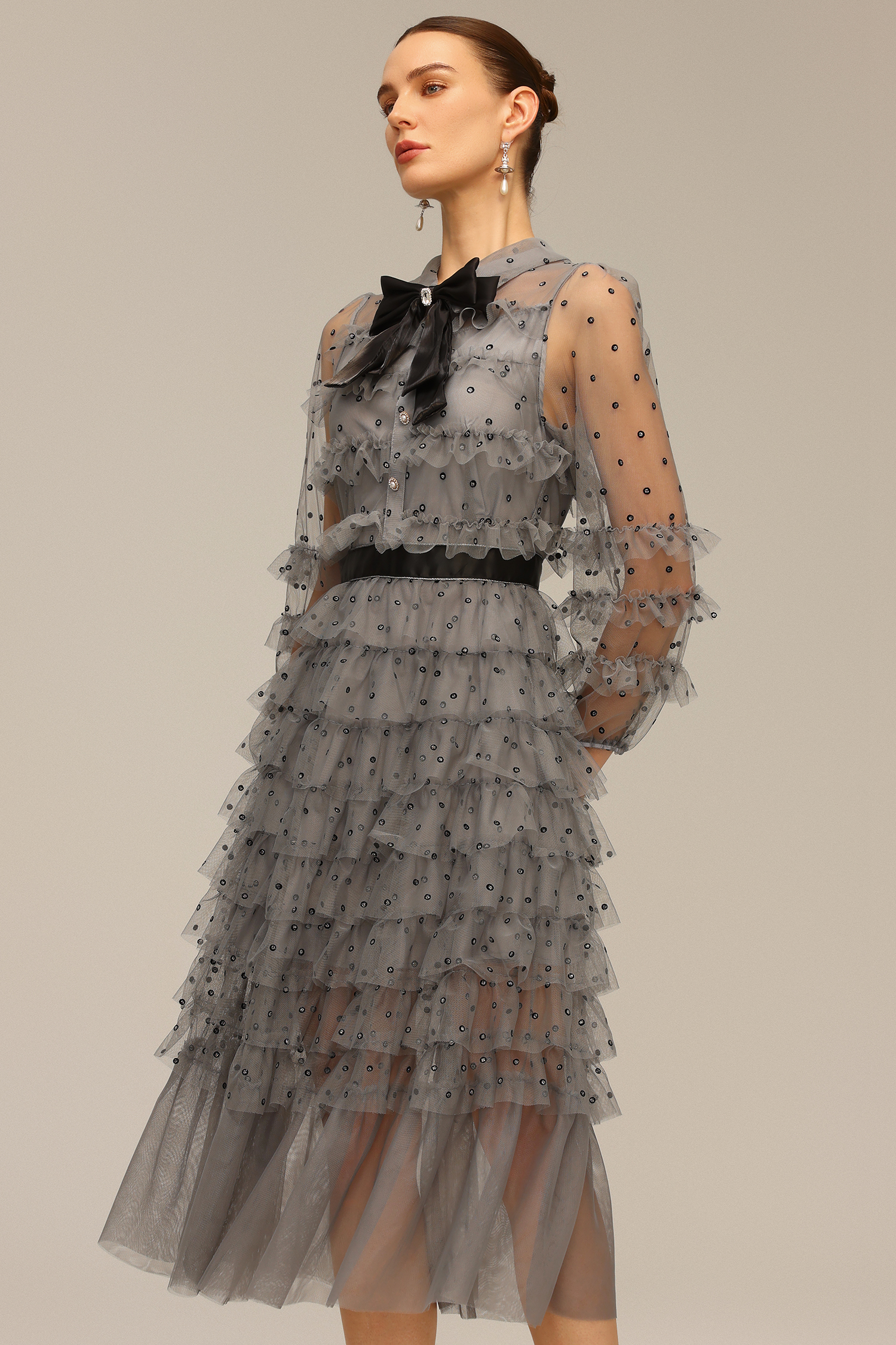Tana Long Sleeve Bow Flounce Diamond Maxi Dress