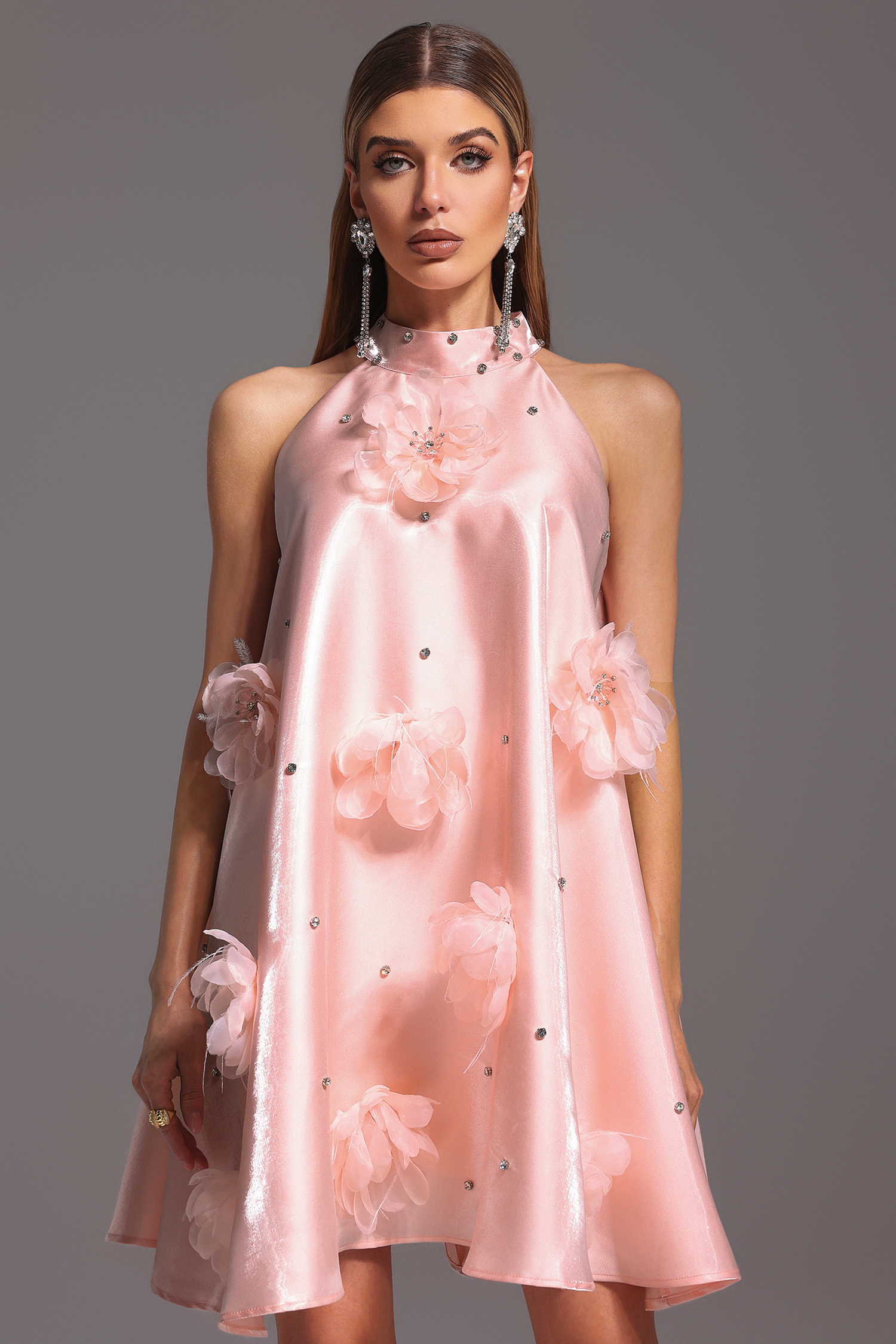 Lolic Halter Flowers Diamond Mini Dress