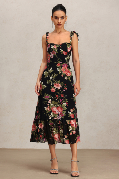 Ralaya Halter Bowknot Floral Printed Midi Dress