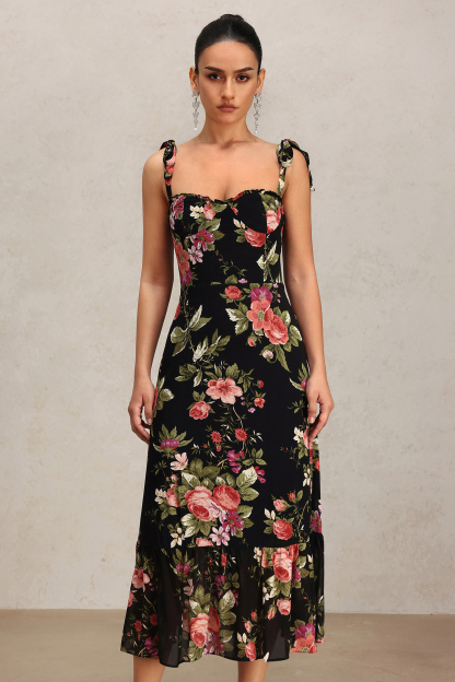 Ralaya Halter Bowknot Floral Printed Midi Dress