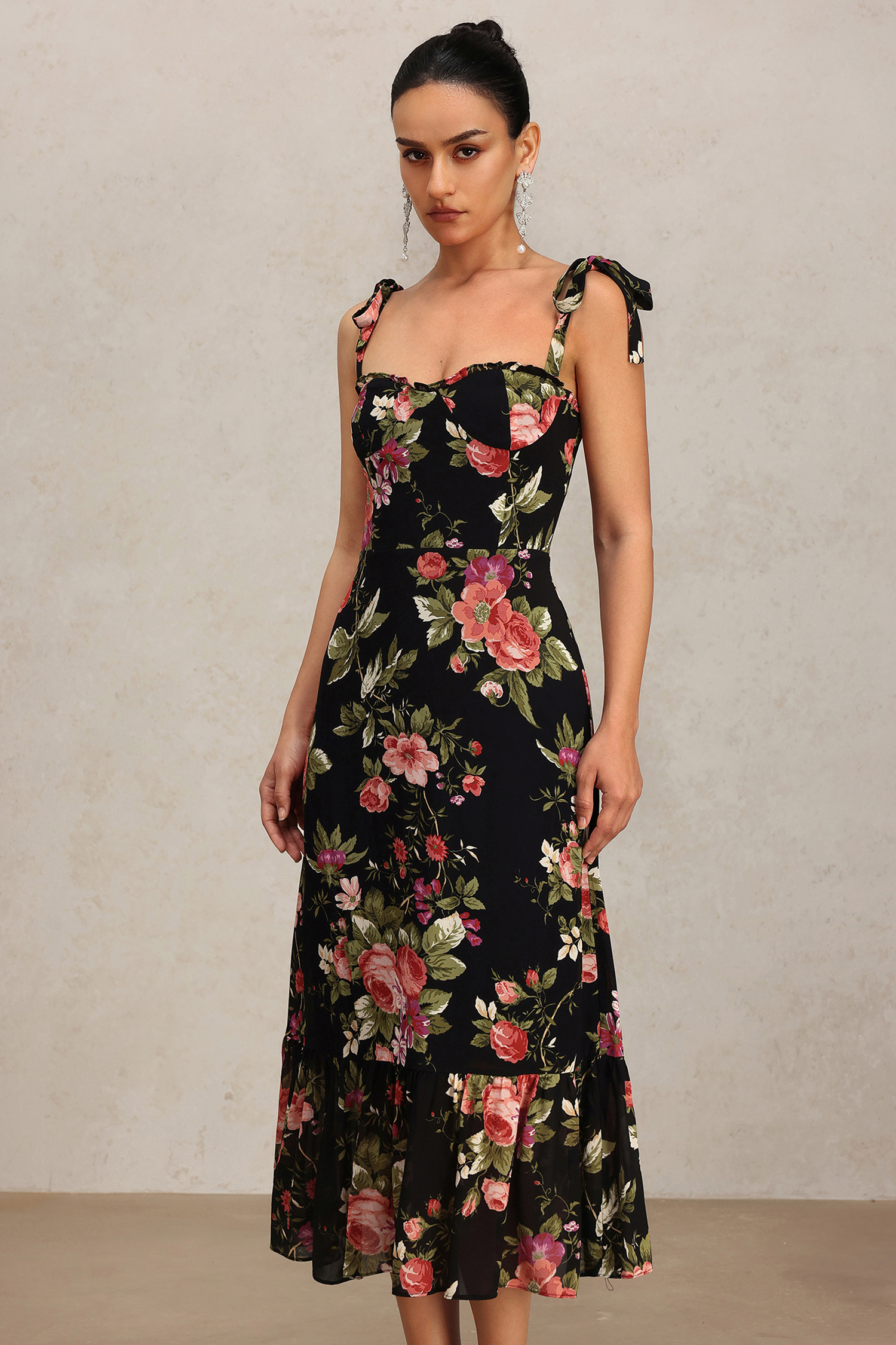 Ralaya Halter Bowknot Floral Printed Midi Dress