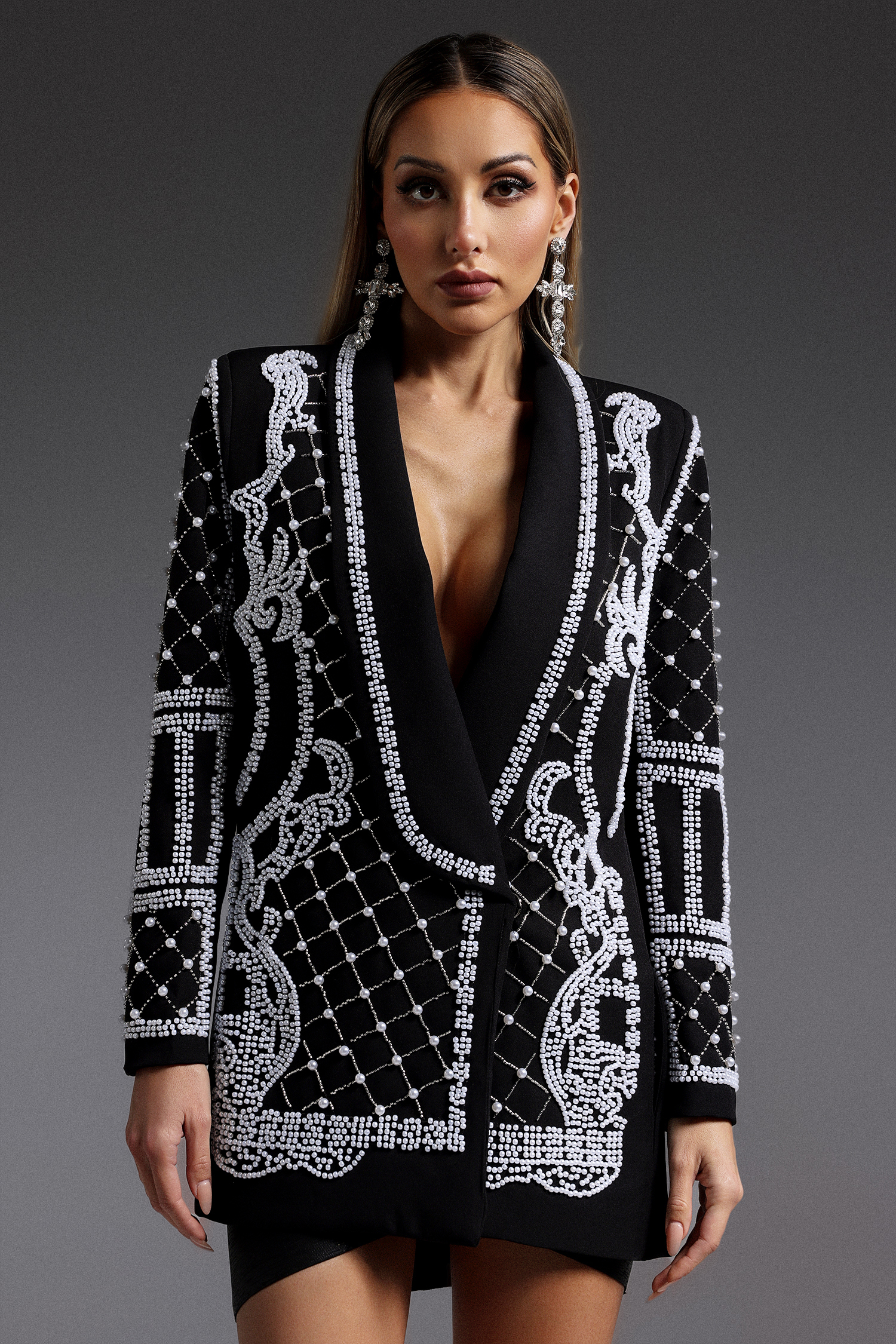 Trosy Long Sleeve V-Neck Pearl Mini Dress