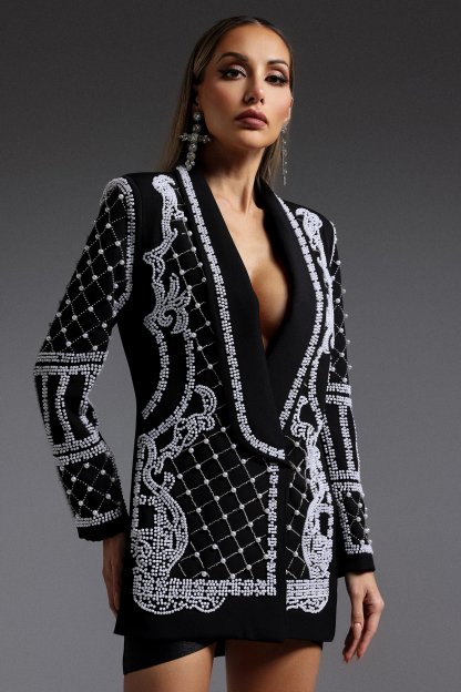 Trosy Long Sleeve V-Neck Pearl Mini Dress