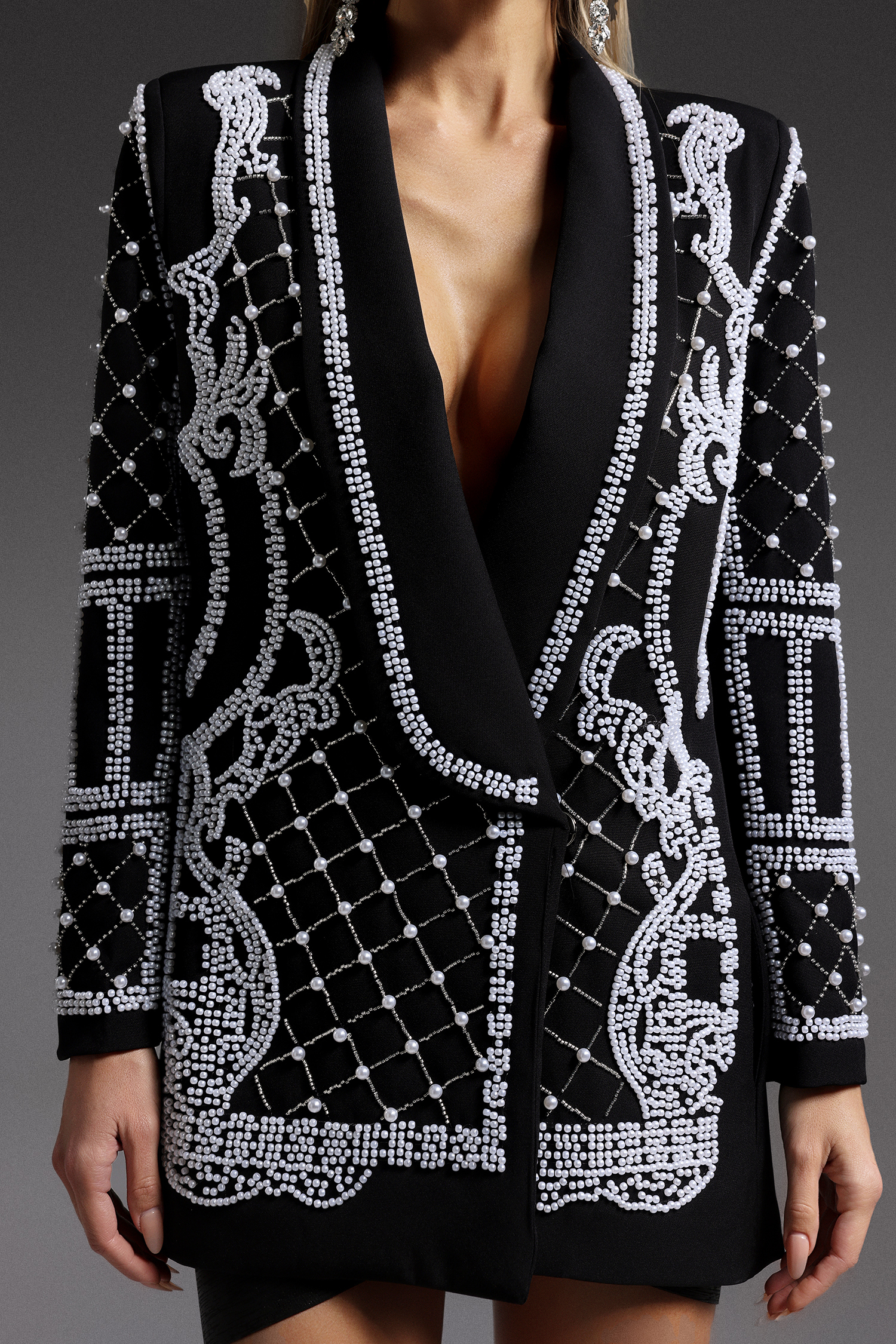 Trosy Long Sleeve V-Neck Pearl Mini Dress