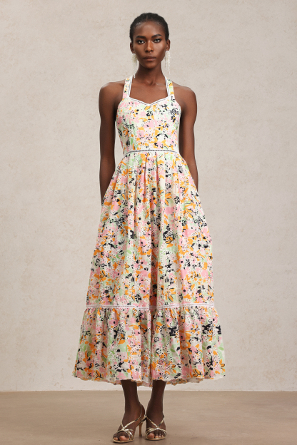 Loru Halter Floral Printed Lace Maxi Dress