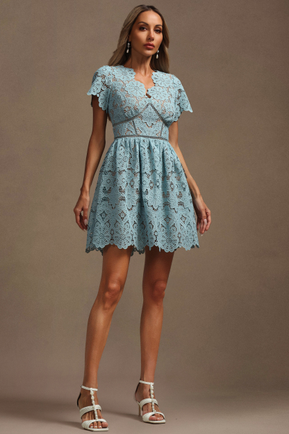 Urania V-Neck Short Sleeves Flowers Lace Mini Dress