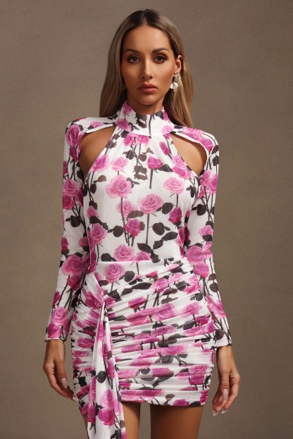 Molao Long Sleeves Hollow Out Floral Printed Streamer Mini Dress