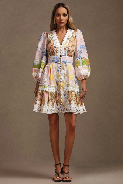 Jacova V-Neck Long Sleeves Floral Printed Mini Dress
