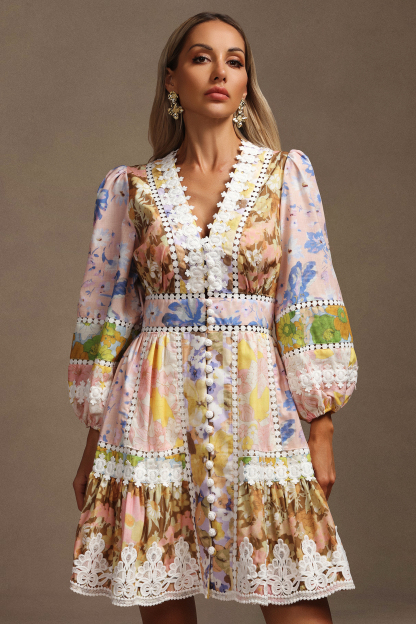 Jacova V-Neck Long Sleeves Floral Printed Mini Dress