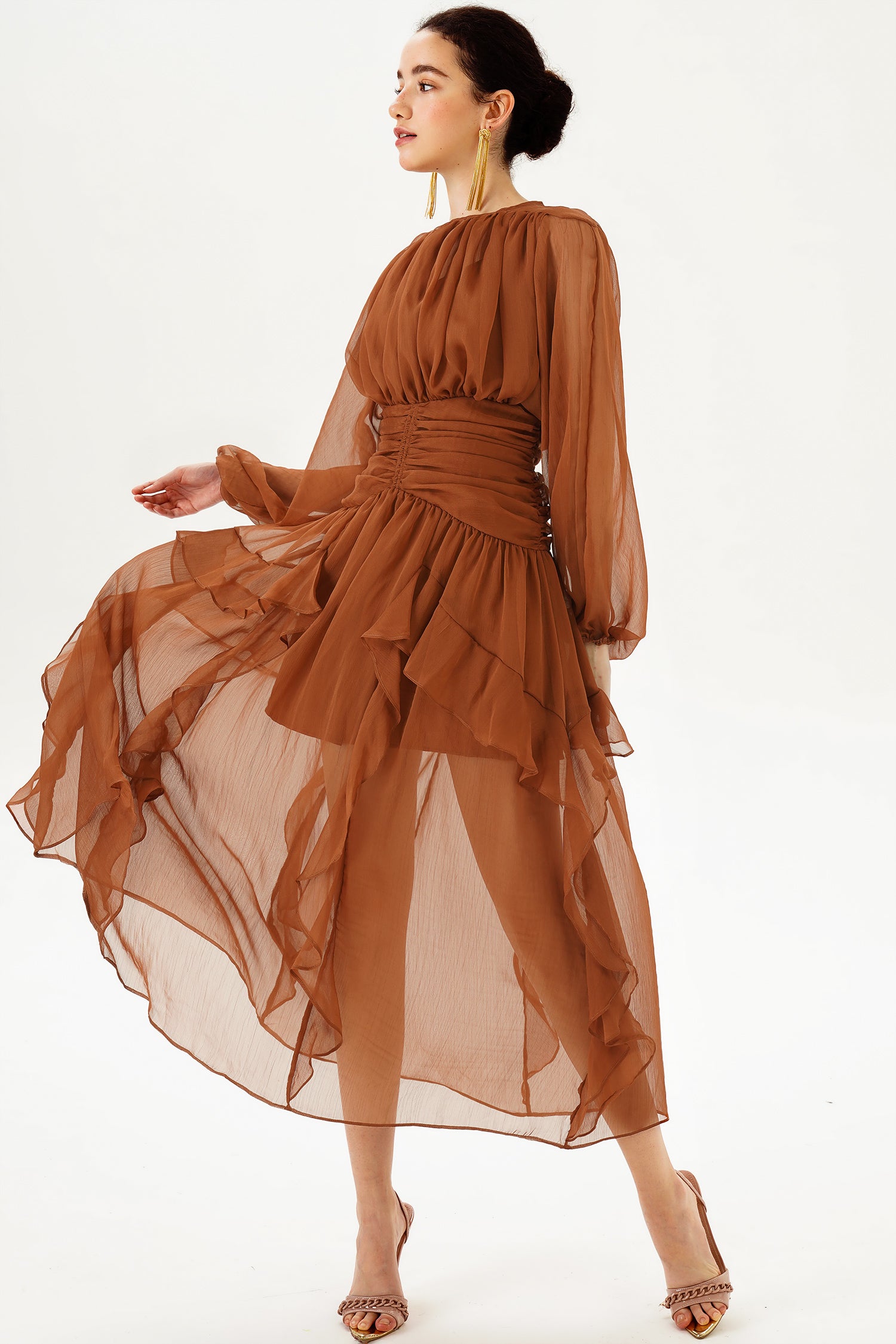 Tiered Ruffle Hem Puff Long Sleeve Asymmetric Hem Maxi Dress Brown