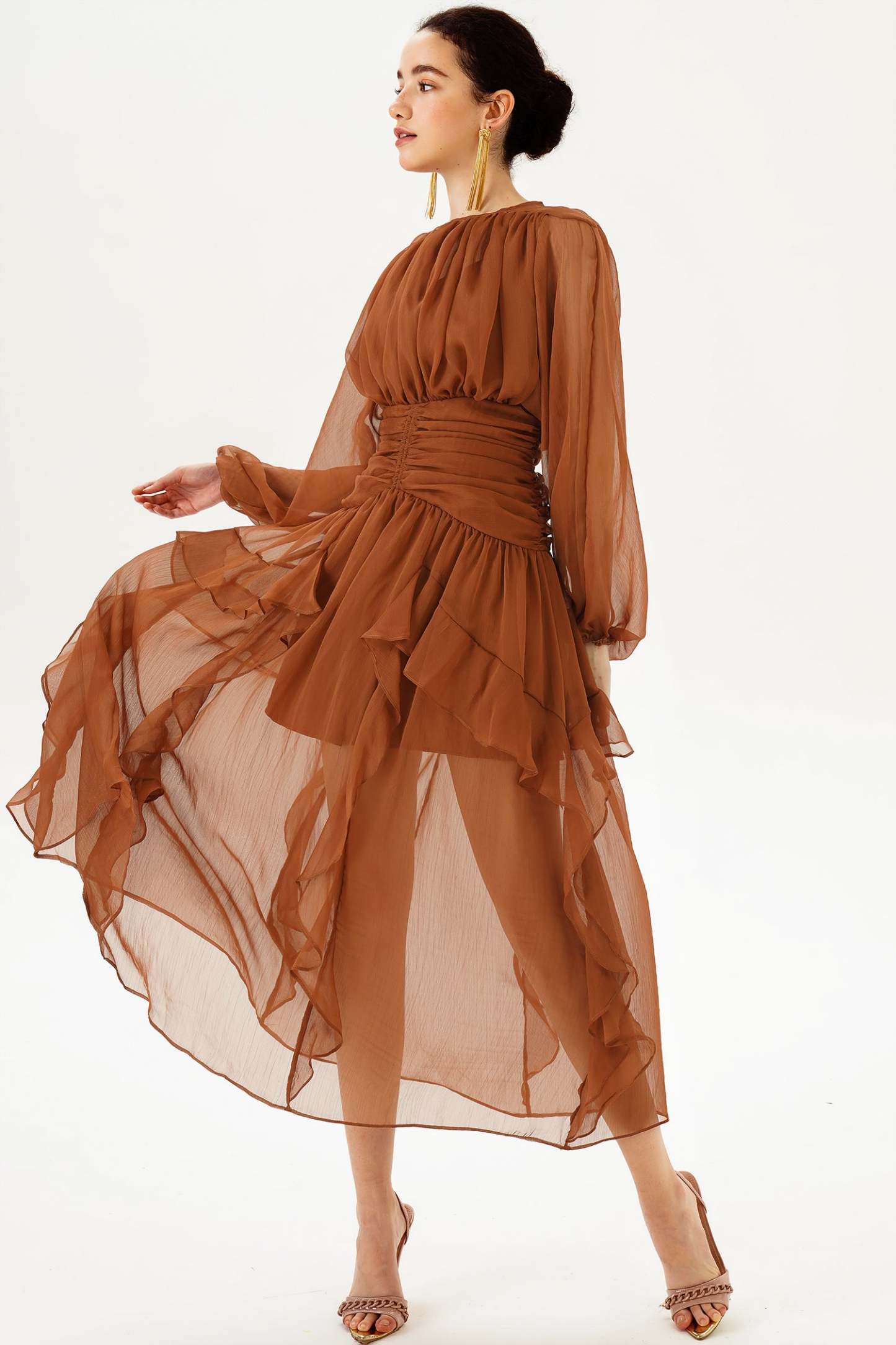 Tiered Ruffle Hem Puff Long Sleeve Asymmetric Hem Maxi Dress Brown