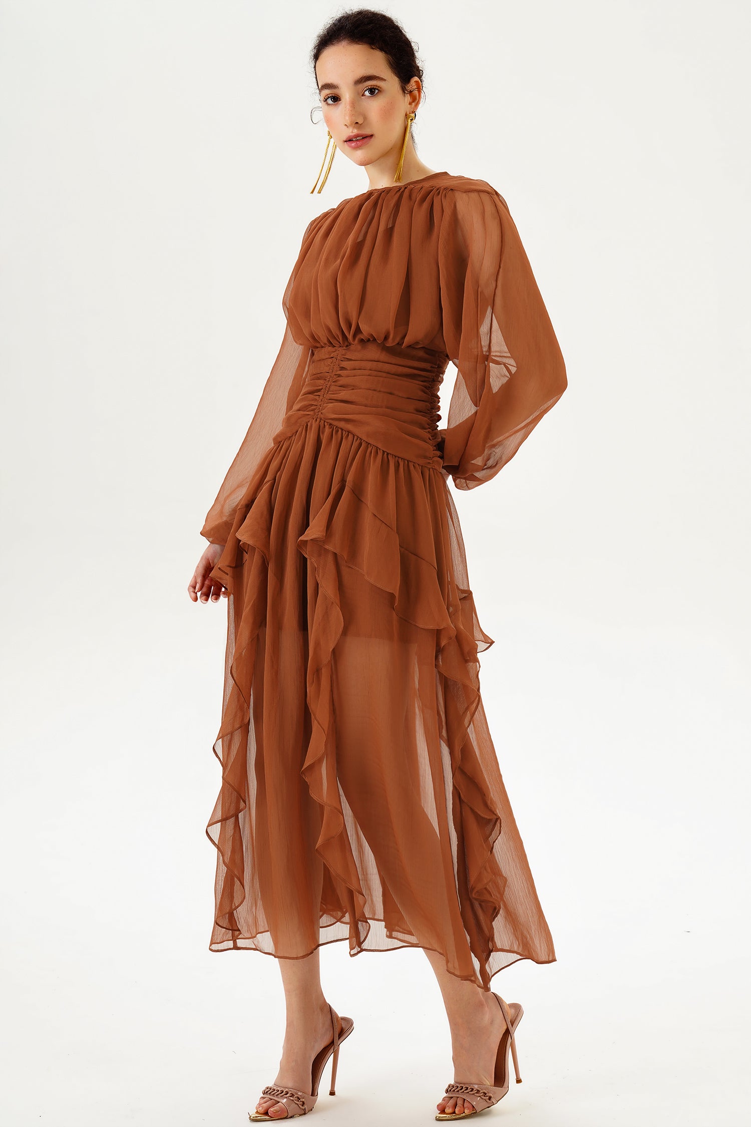 Tiered Ruffle Hem Puff Long Sleeve Asymmetric Hem Maxi Dress Brown