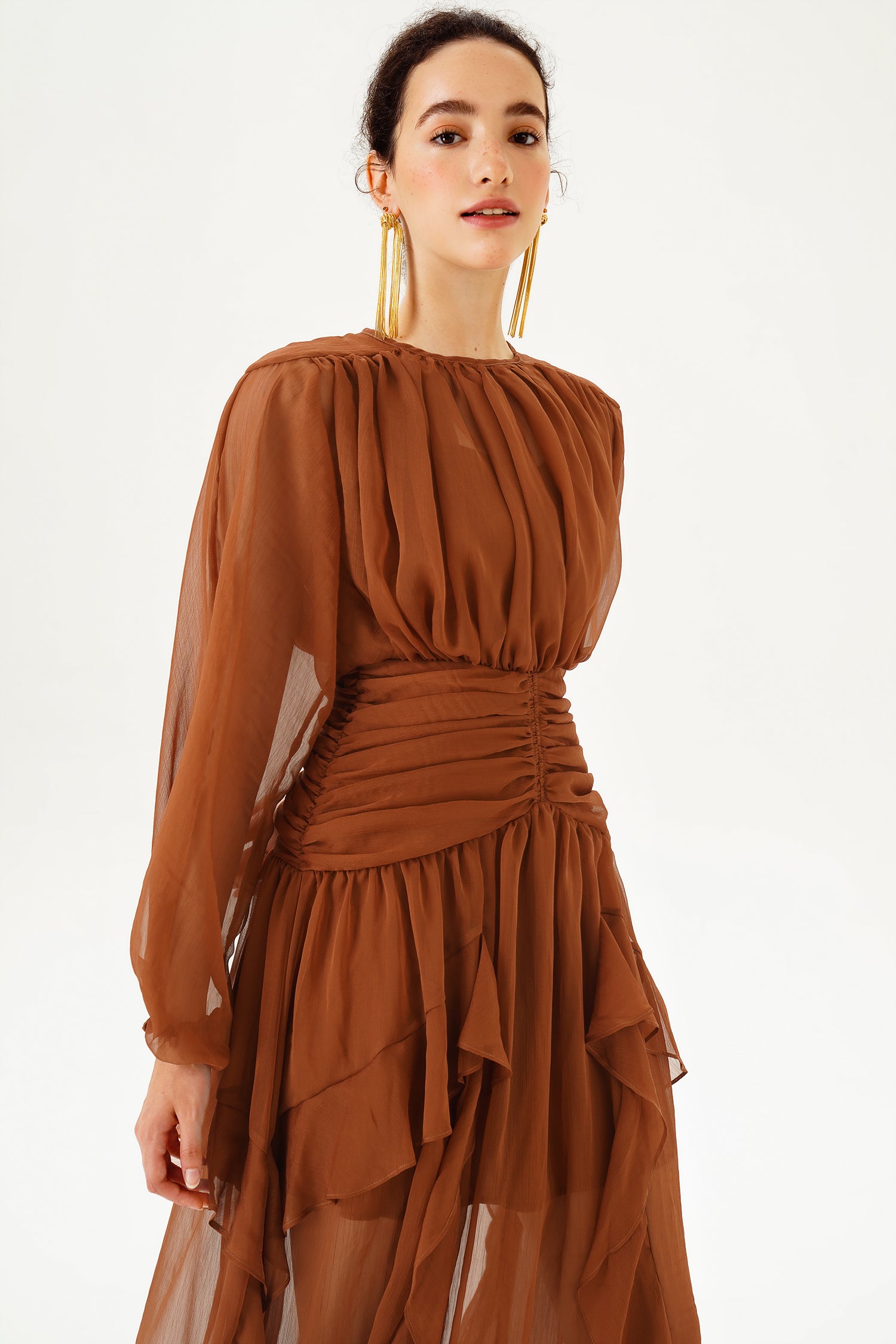 Tiered Ruffle Hem Puff Long Sleeve Asymmetric Hem Maxi Dress Brown