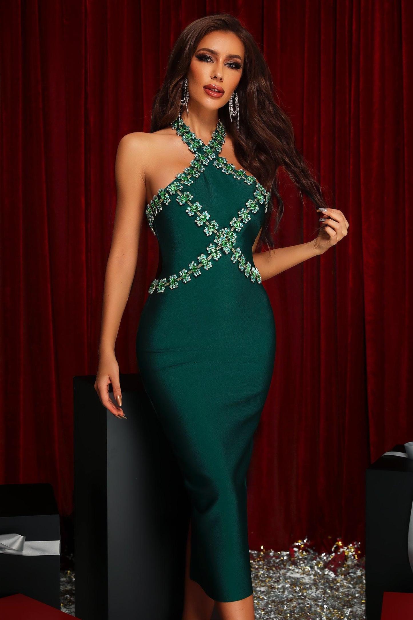 Kiviya Halter Diamonate Midi Bandage Dress - Bellabarnett