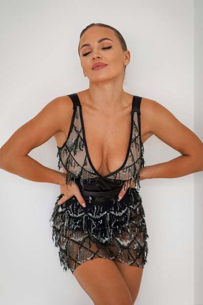 Tassel Fringe Sequin Mini Dress - Black