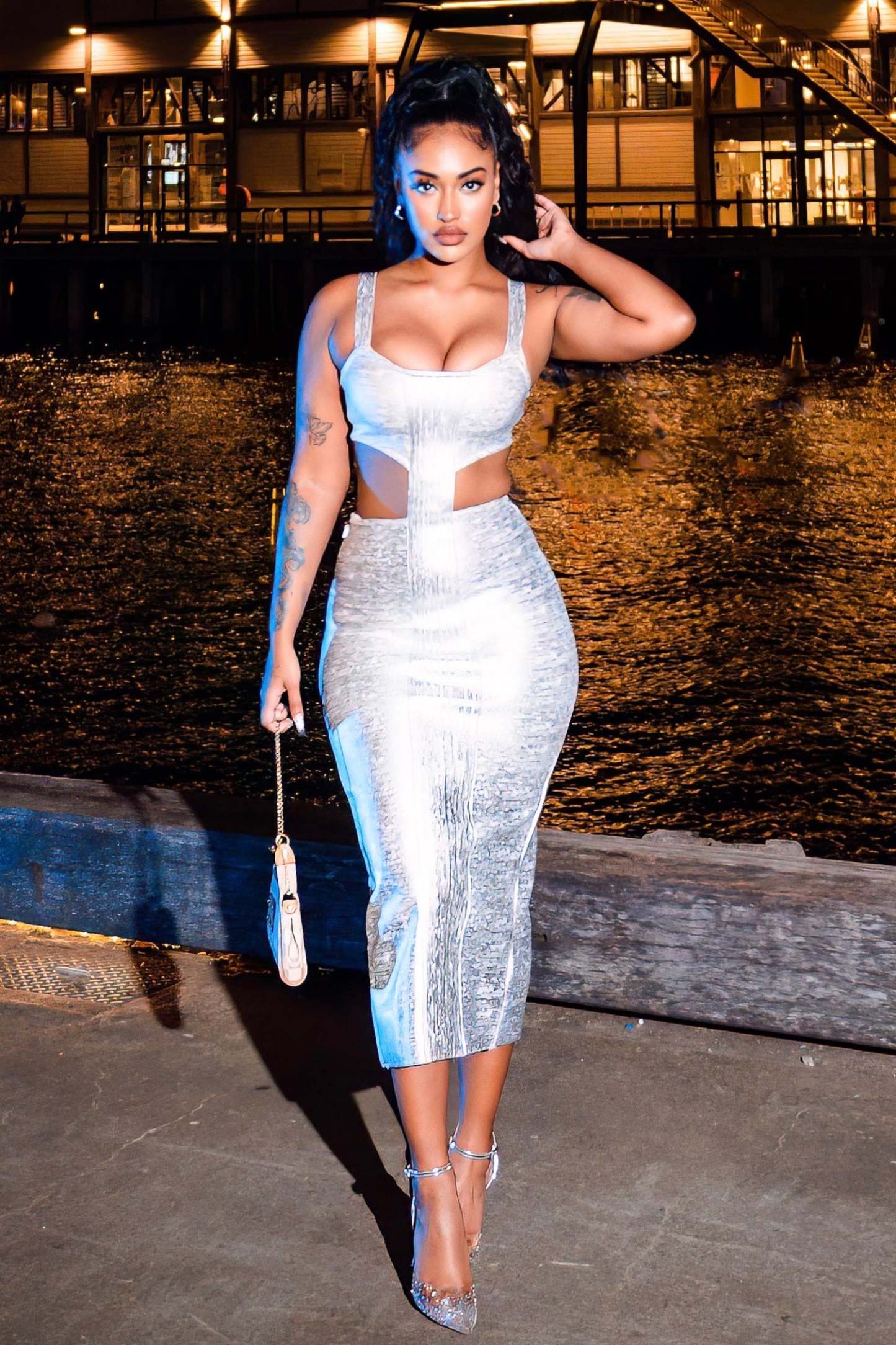 Metallic Bandage Cutout Midi Dress - Silver