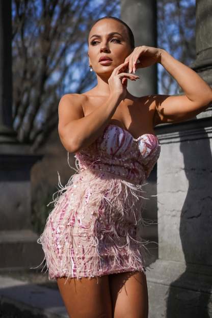 Pink Sequin Feather Fringe Mini Dress
