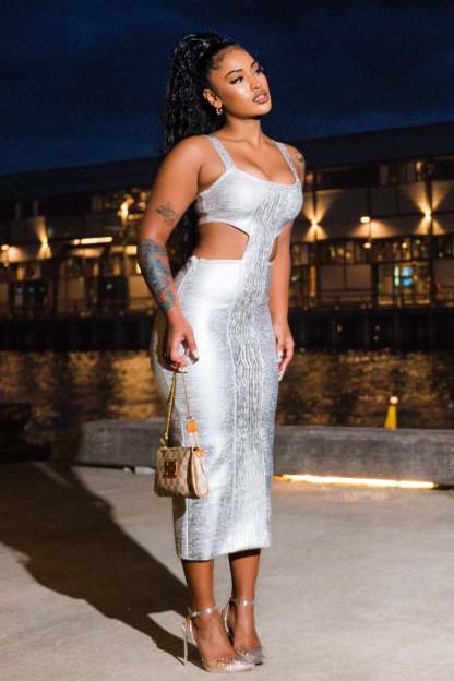 Metallic Bandage Cutout Midi Dress - Silver