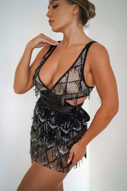 Tassel Fringe Sequin Mini Dress - Black