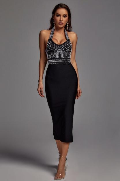 Cornelia Pearl Halter Bandage Dress - Black - Bellabarnett