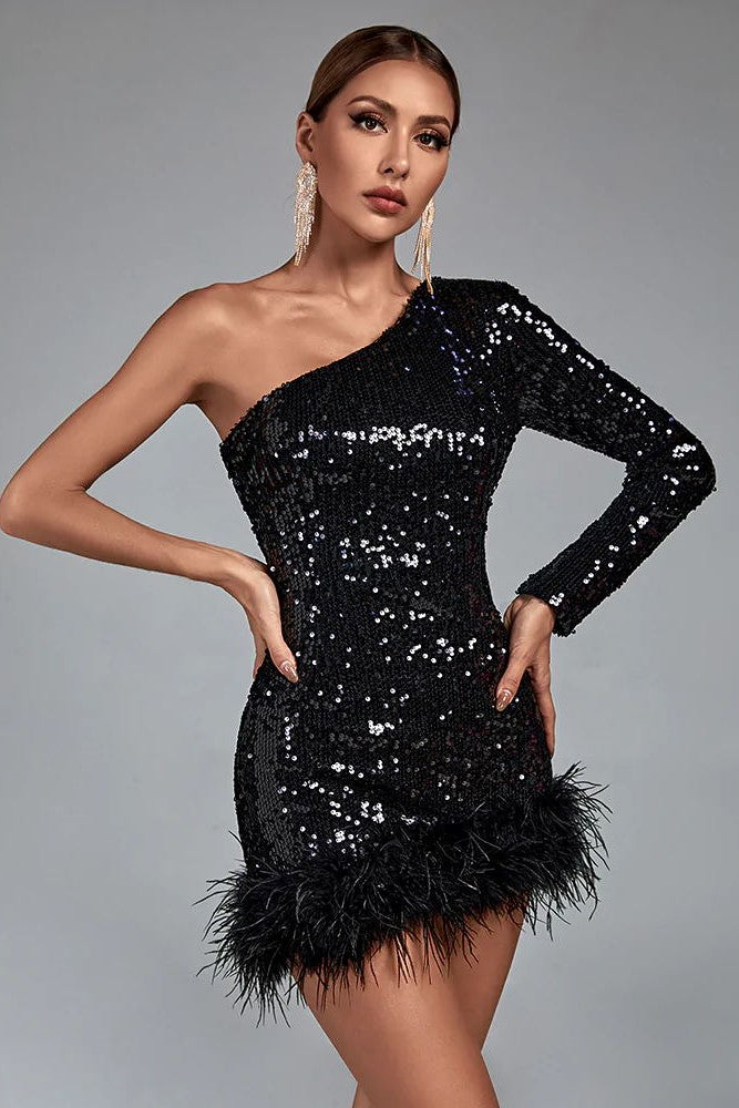 Blabo One Shoulder Feather Sequin Mini Dress