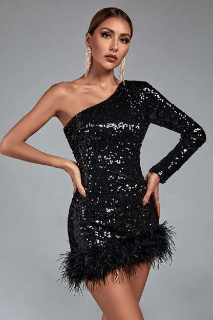 Blabo One Shoulder Feather Sequin Mini Dress