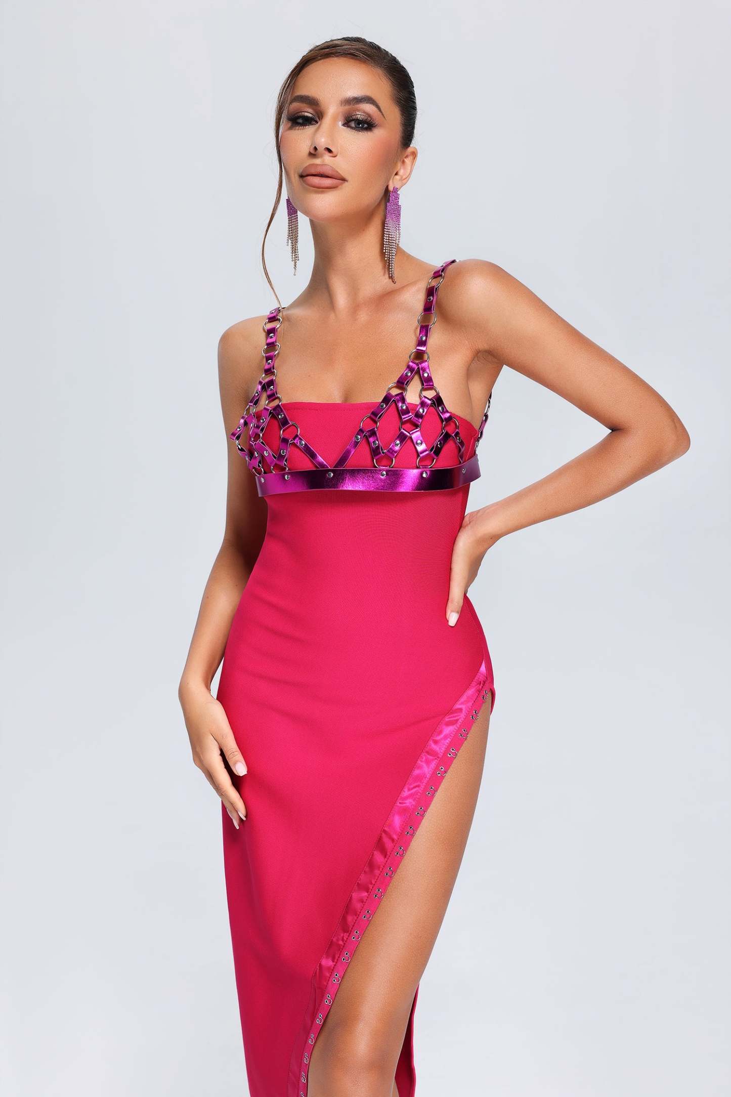 Cherrie Leather Weaved Top & High Slit Bandage Midi Dress - Pink