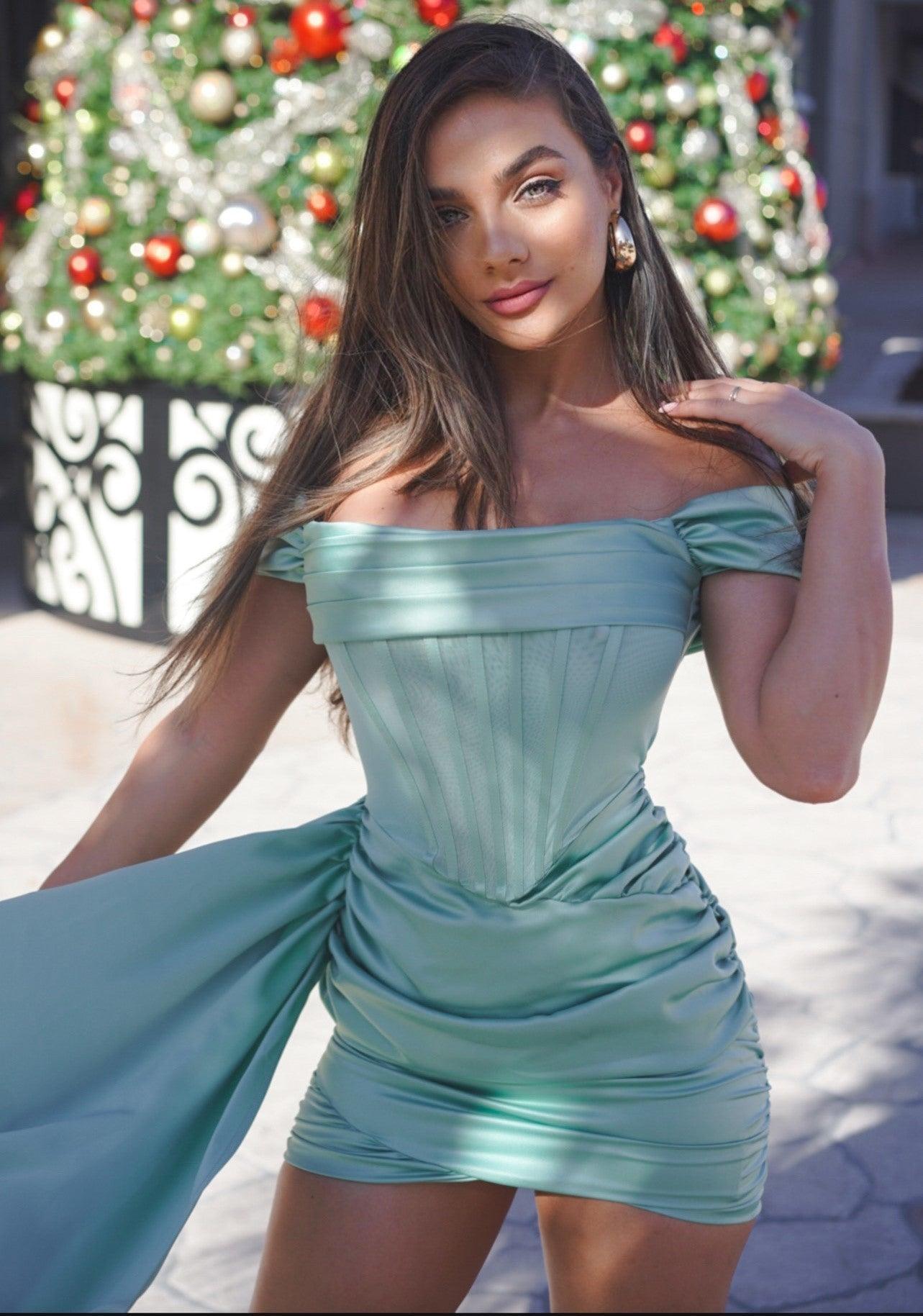 Satin Off Shoulder Corset Mini Dress - Bellabarnett