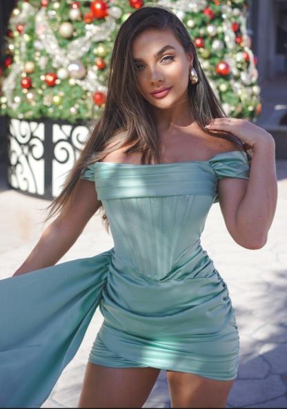 Satin Off Shoulder Corset Mini Dress - Bellabarnett