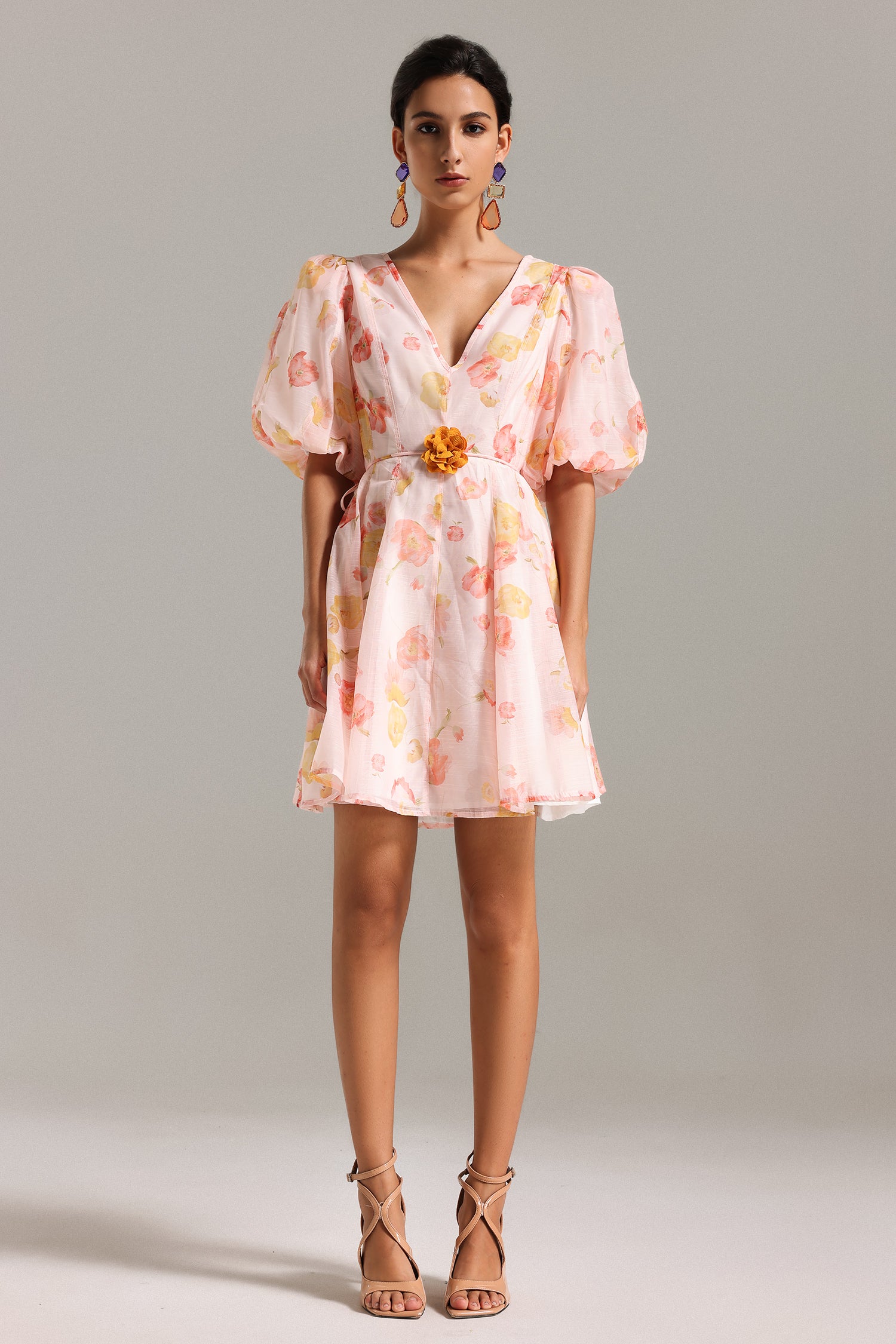 Elsa V Neck Puff Sleeves Mini Dress