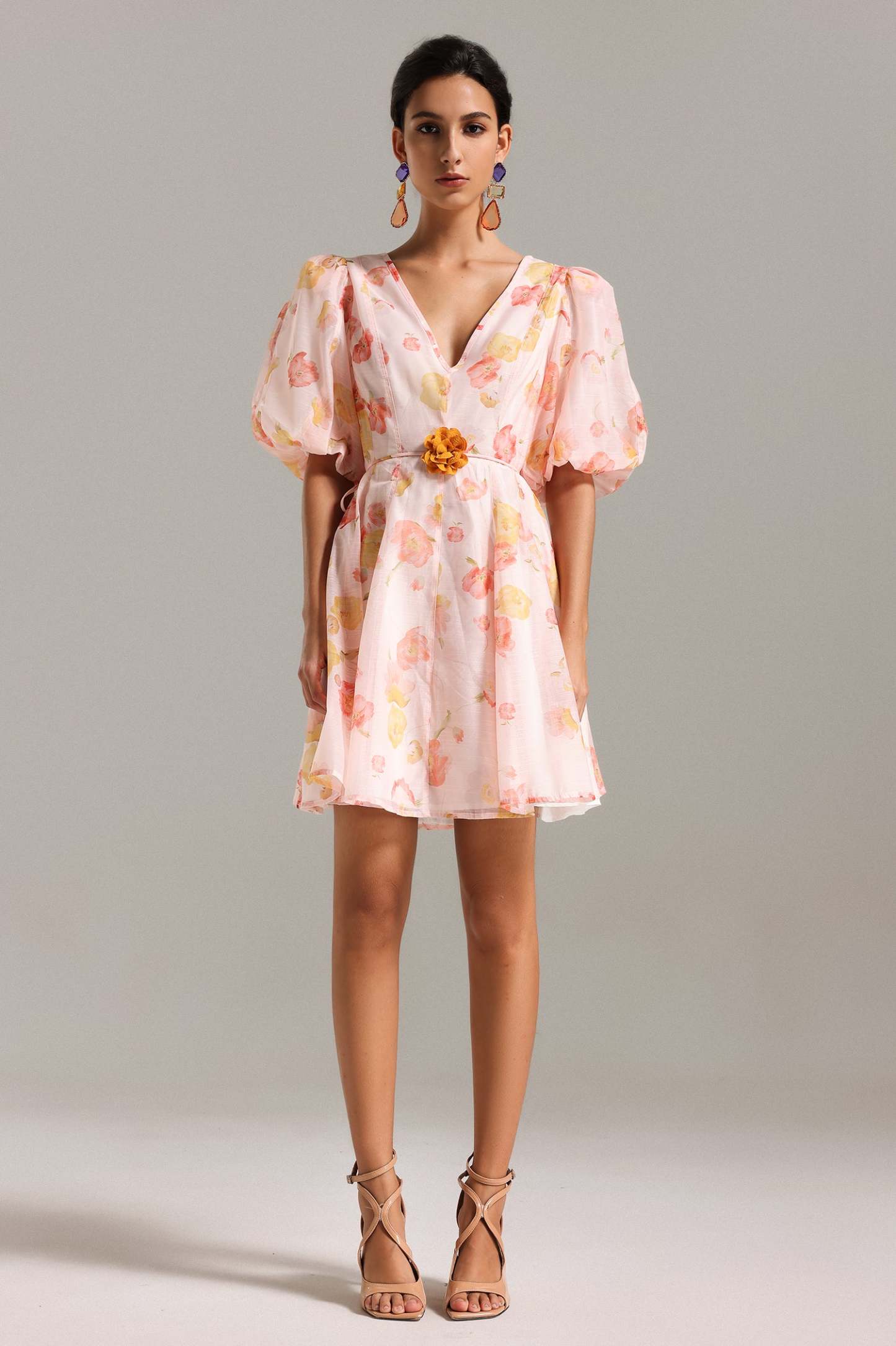 Elsa V Neck Puff Sleeves Mini Dress