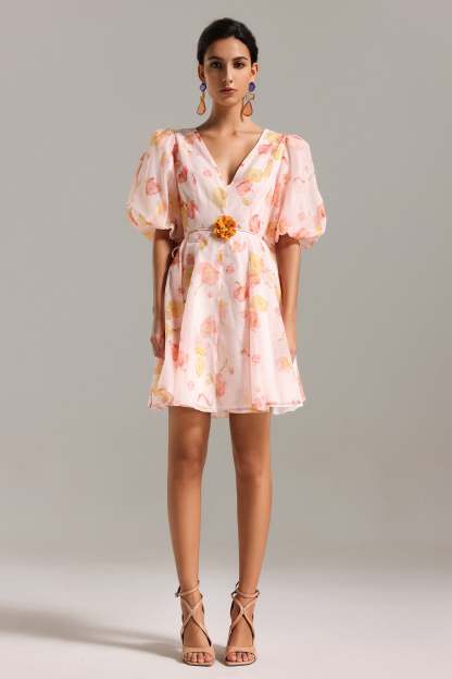 Elsa V Neck Puff Sleeves Mini Dress