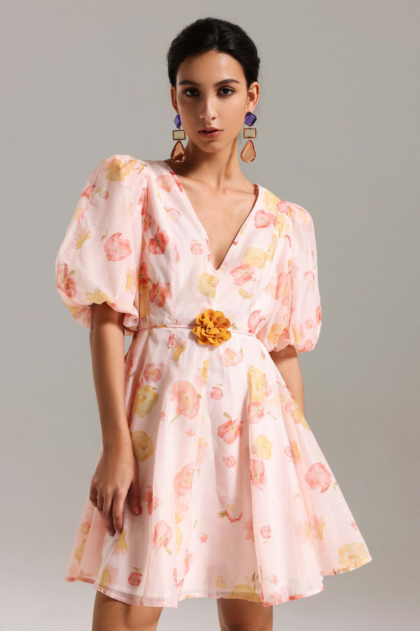 Elsa V Neck Puff Sleeves Mini Dress