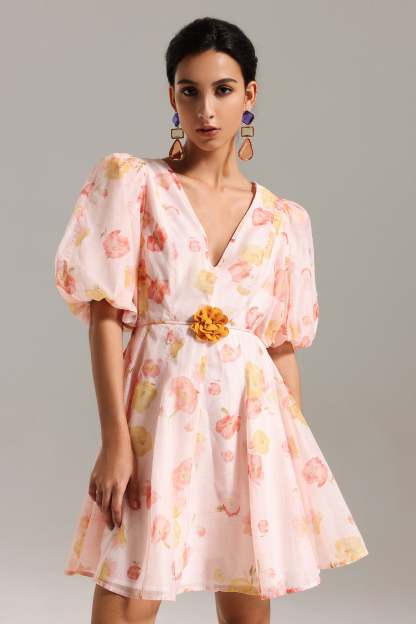 Elsa V Neck Puff Sleeves Mini Dress