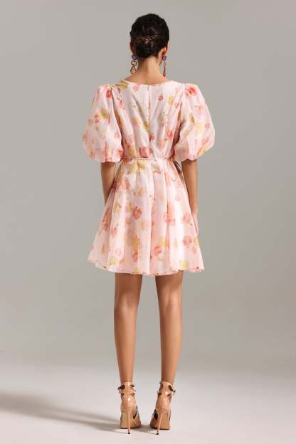 Elsa V Neck Puff Sleeves Mini Dress
