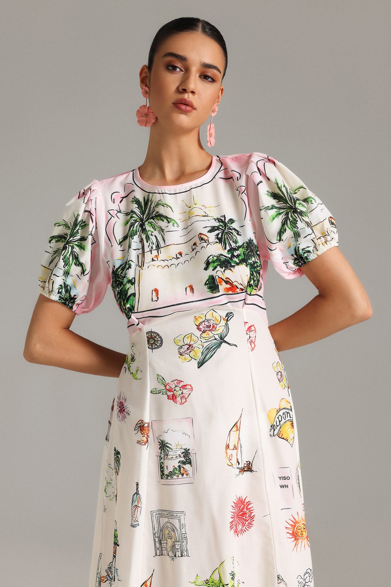 Emmeline Puff Sleeves Printed Midi Dress