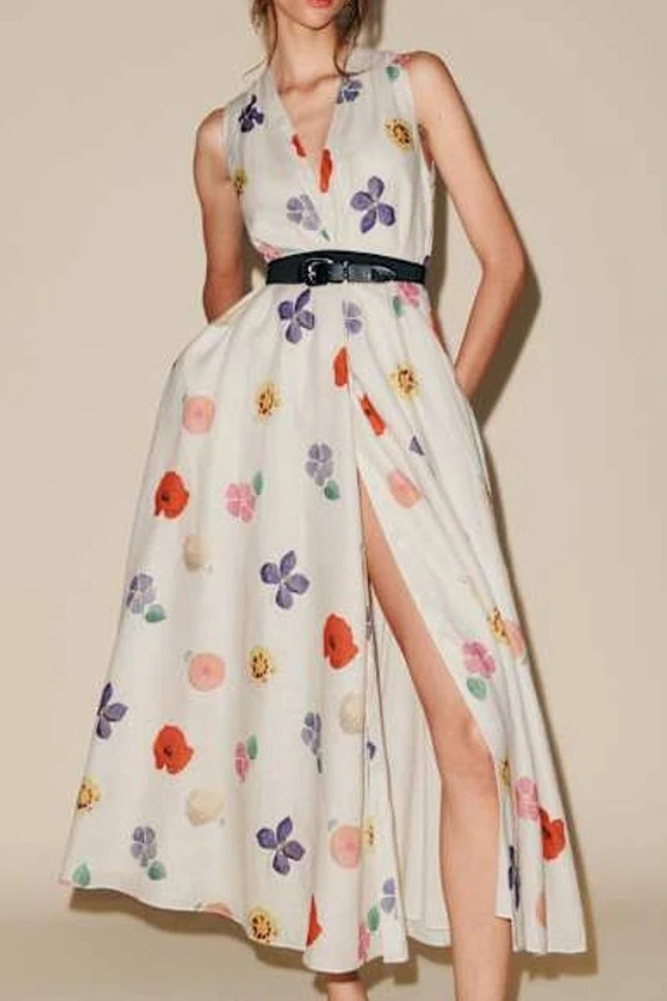 Xiacly V-Neck Printed Slit Midi Dress