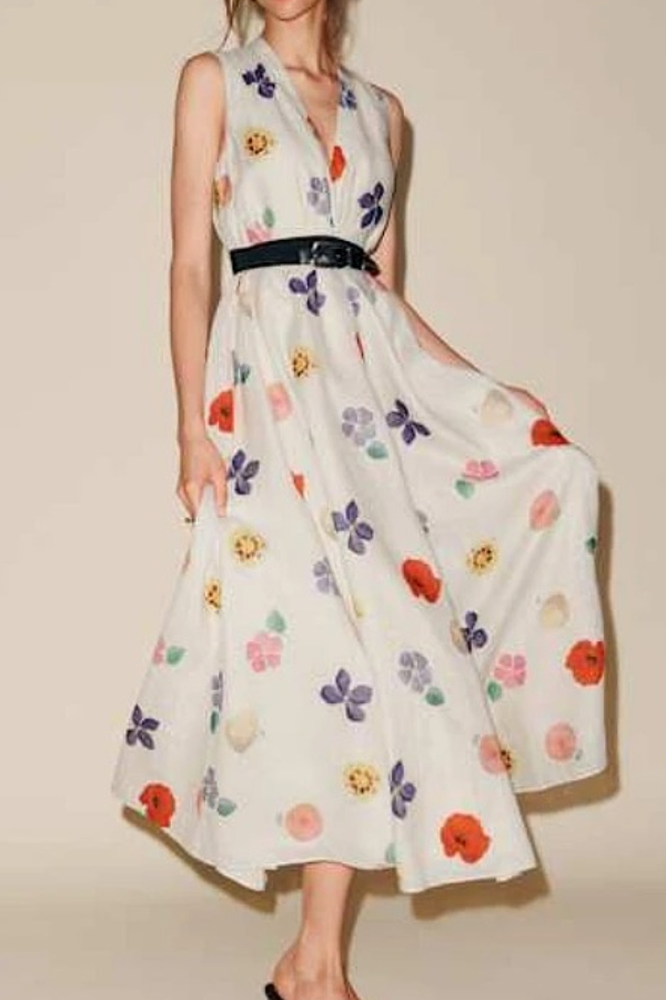 Xiacly V-Neck Printed Slit Midi Dress