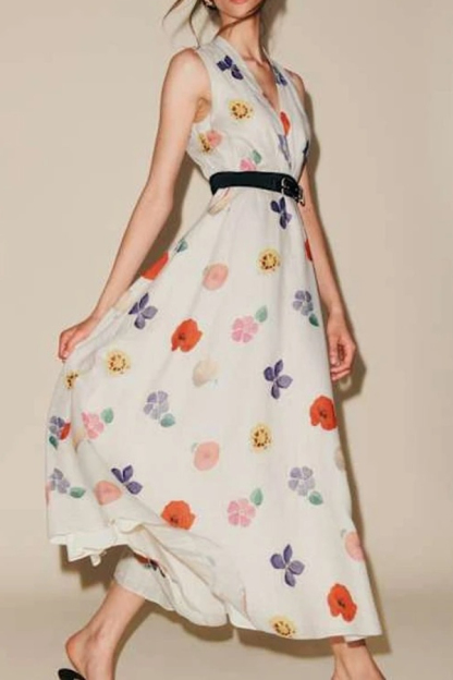 Xiacly V-Neck Printed Slit Midi Dress