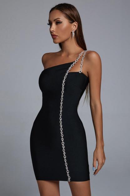 Mimia One Shoulder Chain Mini Cocktail Dress - Bellabarnett