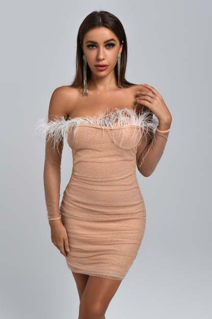 Irida Feather Off Shoulder Mini Bandage Dress