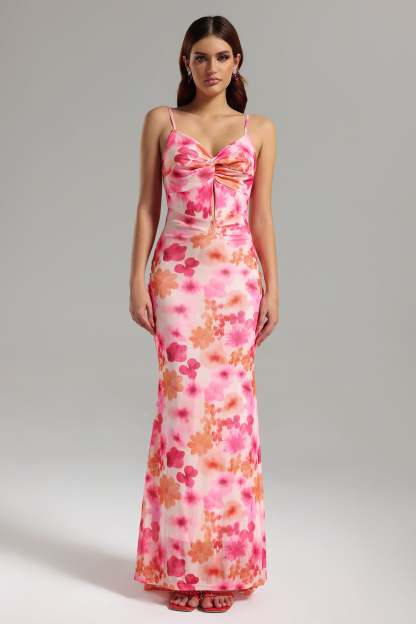 Magdalena Cut Out Printed Mesh Maxi Dress