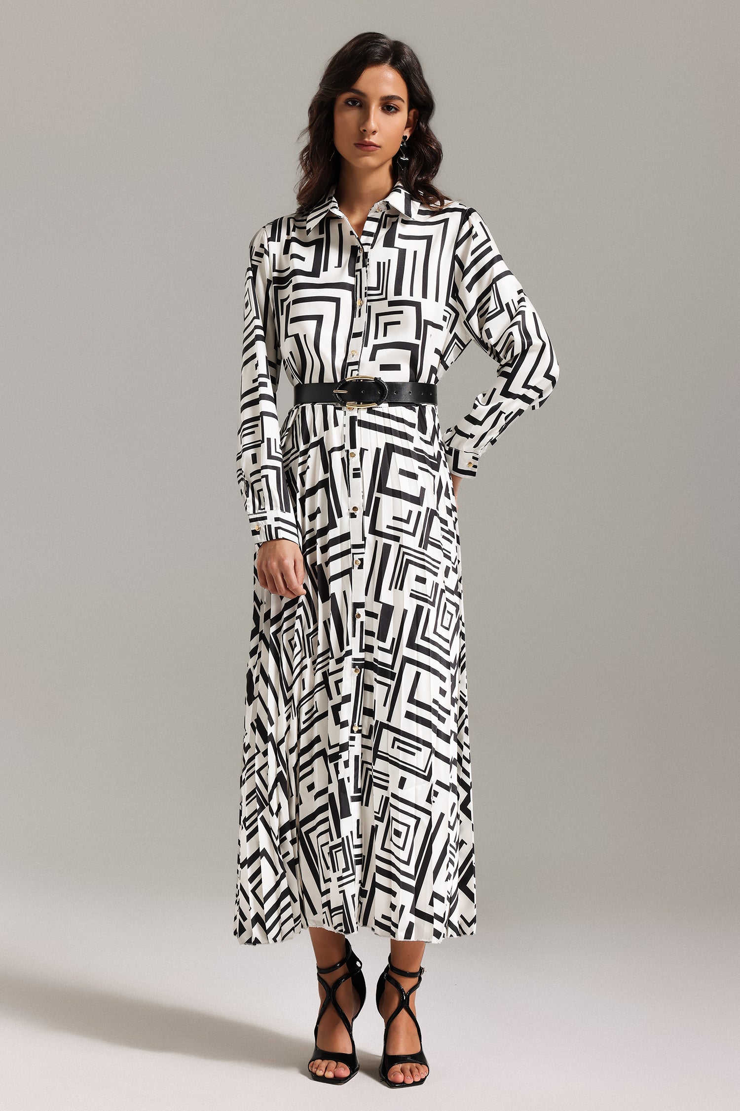 Oiama Printed Pleat Shirt Maxi Dress